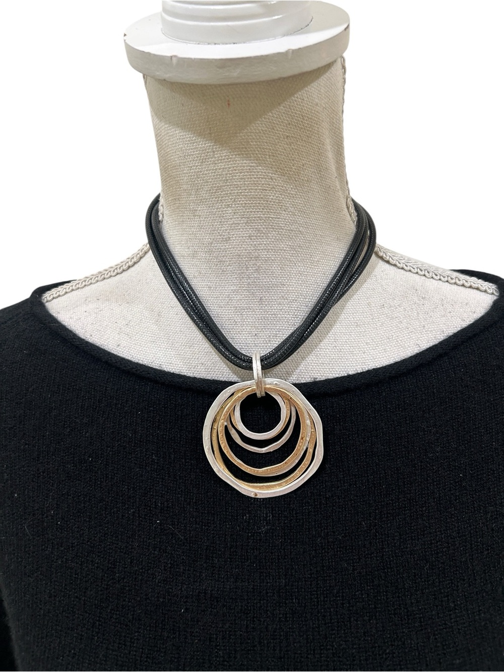 David Ahdut Multi-Ring Silver Pendant Necklace on Black leather Cord